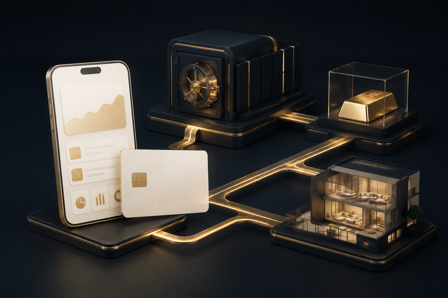 A bank app connected through Gold Block infrastructure to custody, gold and property assets