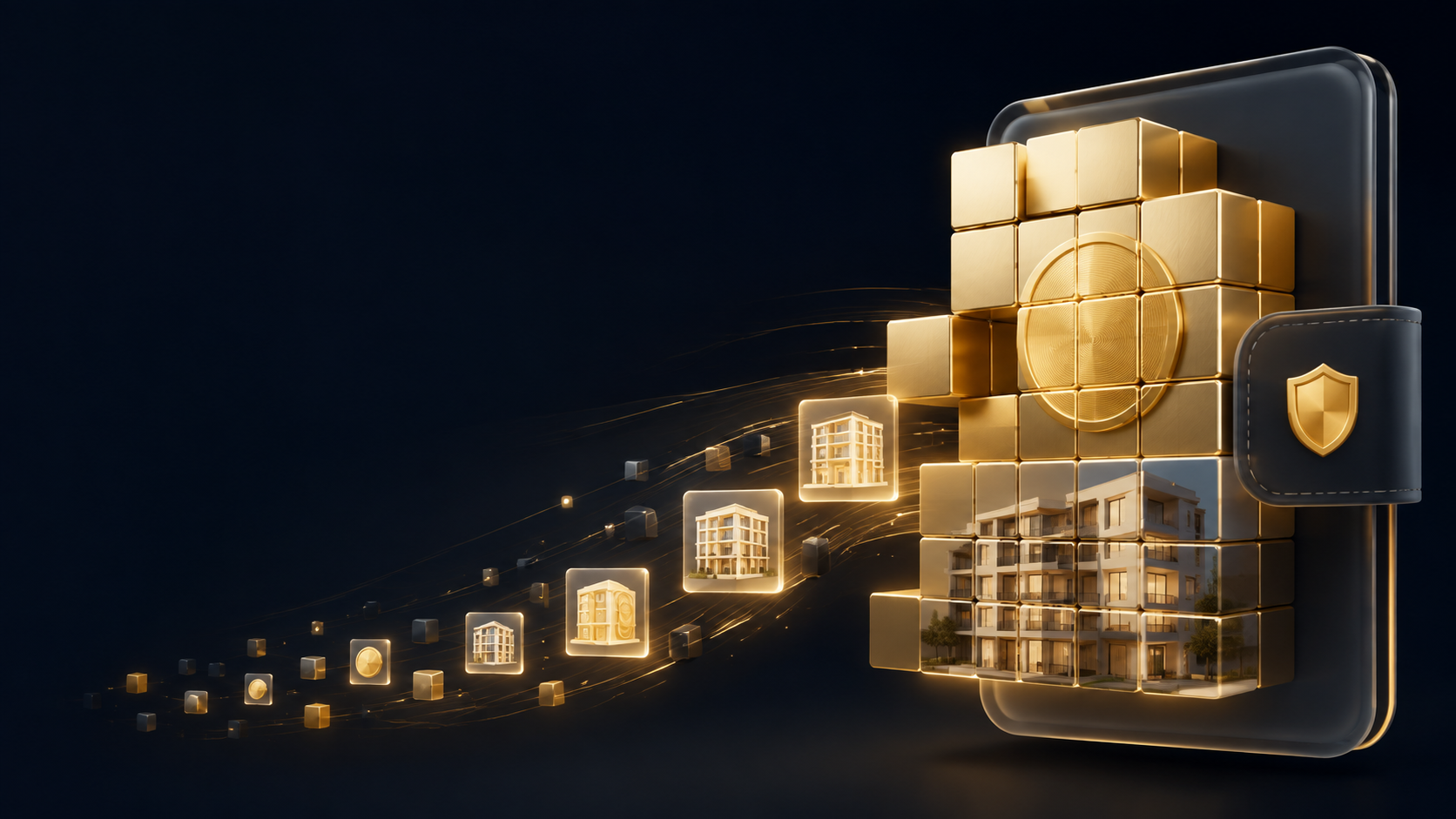 Small gold and property blocks flowing into a secure digital wallet
