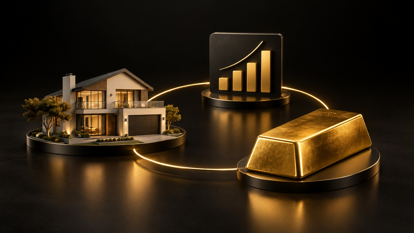 A home, a listed-shares chart and a physical gold bar connected in one portfolio